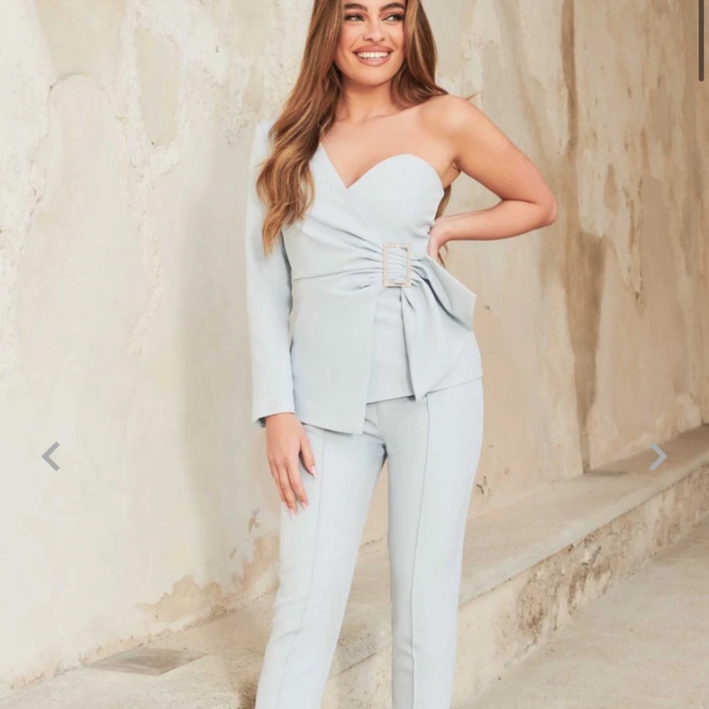 Lavish Alice blue diamanté blazer and high waist trouser suit set.